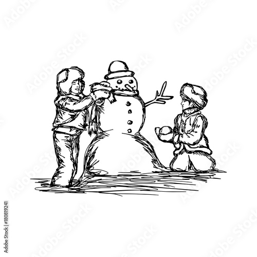 Little two boys building a snowman vector illustration sketch hand drawn with black lines, isolated on white background