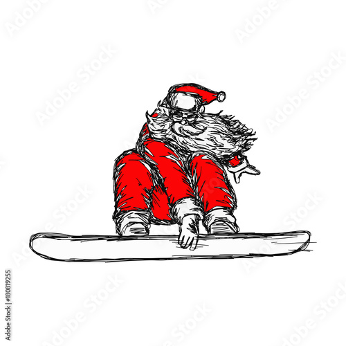 Santa Claus on snowboard vector illustration sketch hand drawn with black lines, isolated on white background