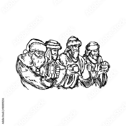 three wise men and santa claus vector illustration sketch hand drawn with black lines, isolated on white background