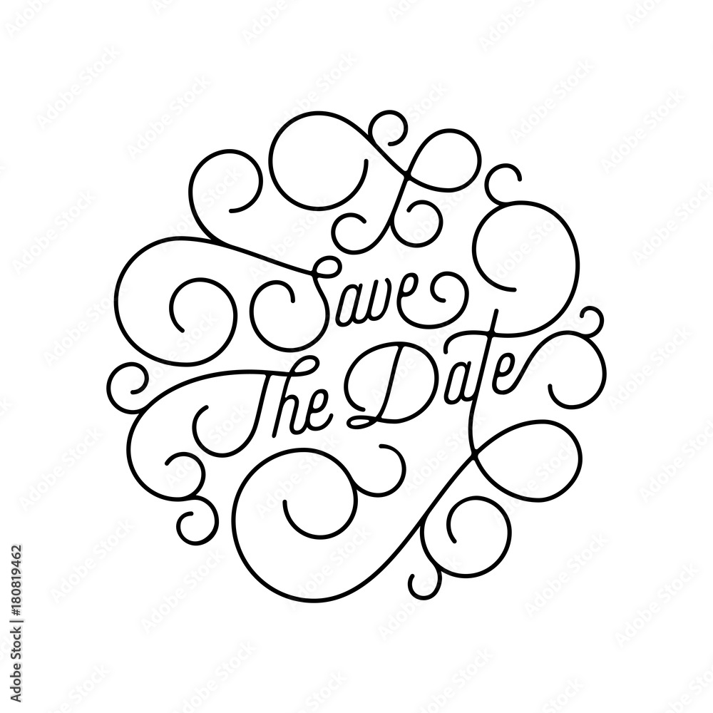 Save the Date flourish calligraphy lettering of swash line typography for wedding invitation card design. Vector festive ornamental wedding Save Date quote text of swirl pattern on white background