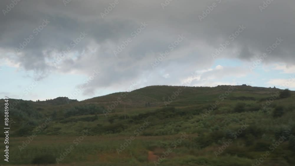 Passing by lush landscape in train, POV Passing by lush landscape in train, POV
