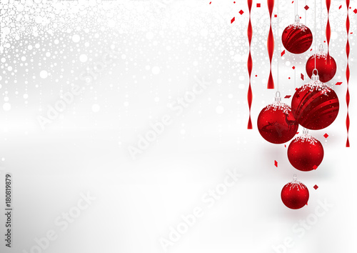 Christmas Background with Red Baubles - Festive Illustration with Snowy Backg...