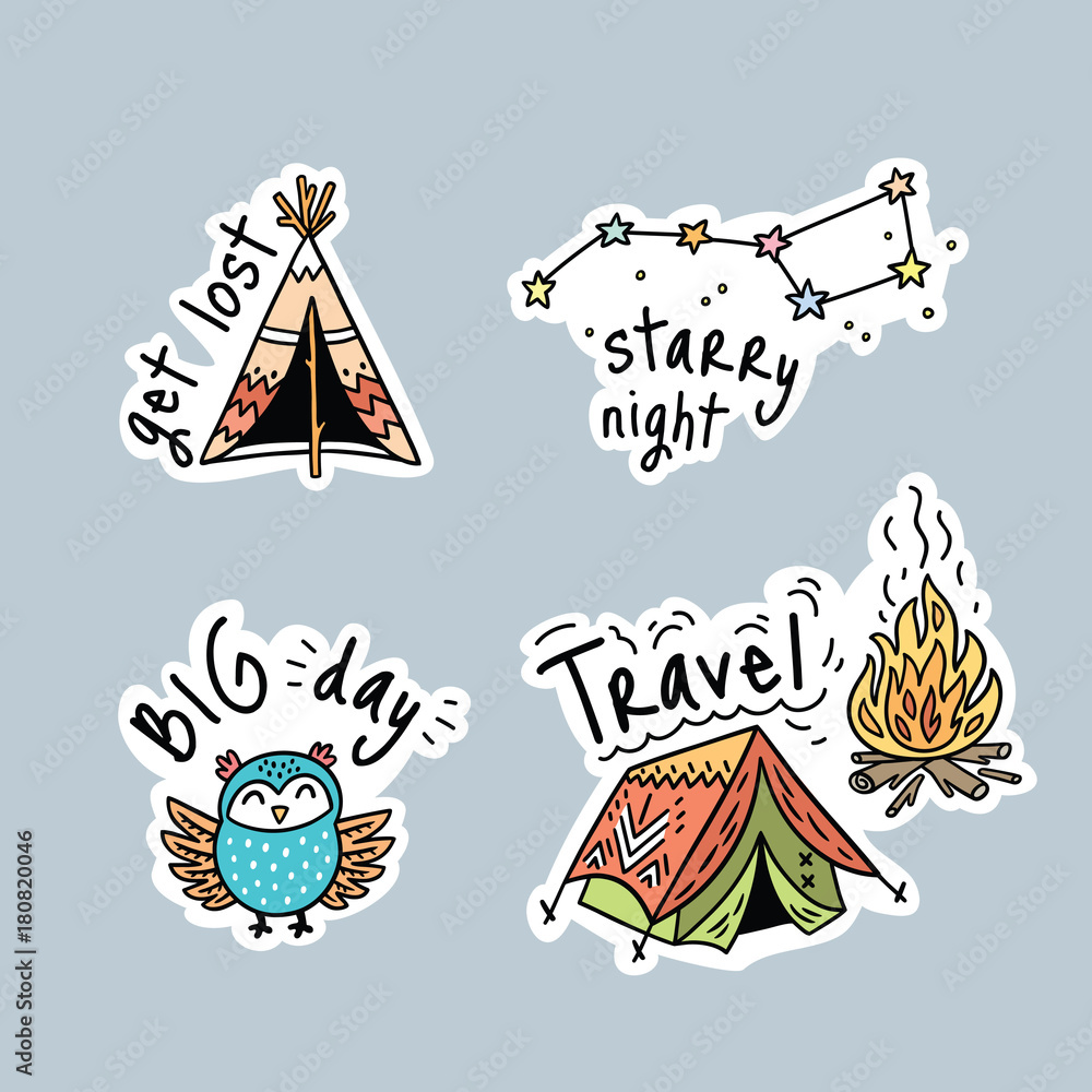 Vector set of cartoon stickers, patches or pins for camping Vector set of cartoon stickers, patches or pins for camping