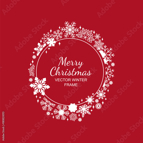 White circle snowflake frame isolated on red background, Christmas design. Vector illustration, merry xmas snow flake framework