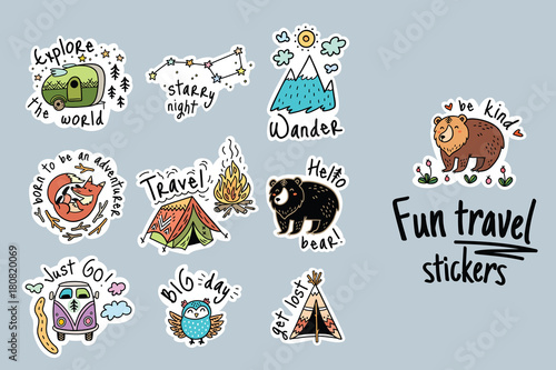Big vector set of cartoon sticker for camping
