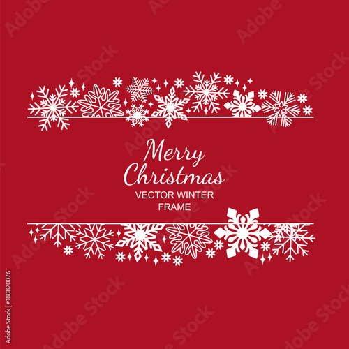 White snowflake frame, decoration on red background, Christmas design for invitation card or postcard. Vector illustration, merry xmas snow flake framework