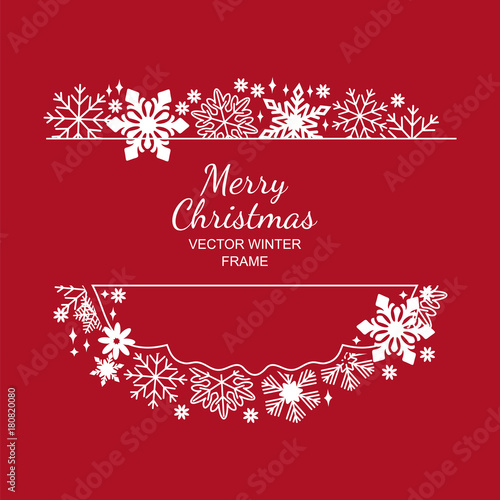 White snowflake frame, decoration on red background, Christmas design for invitation, greeting card or postcard cover. Vector illustration, merry xmas snow flake framework
