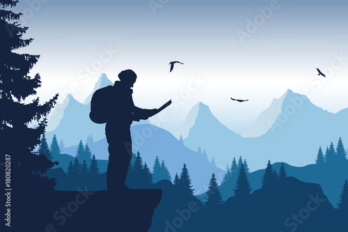 Vector illustration of a mountain landscape with a forest and flying birds and a tourist holding a map