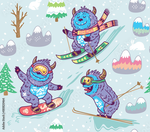 Cute yeti skiing in the mountain seamless pattern. Vector illustration