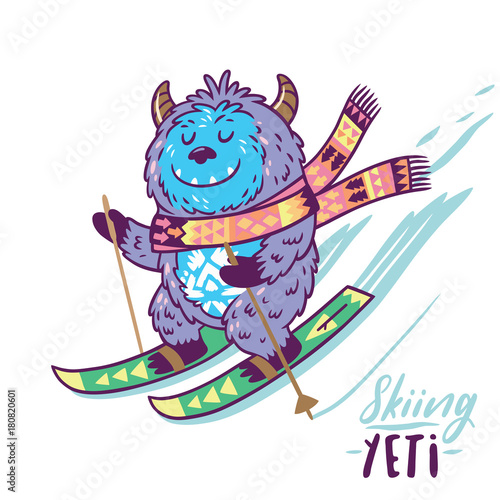 Cute yeti skiing print. Vector illustration