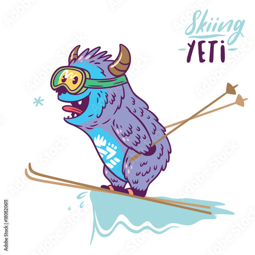Cute yeti skiing print. Vector illustration