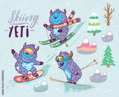 Set of cute yeti skiing in the mountain. Vector illustration