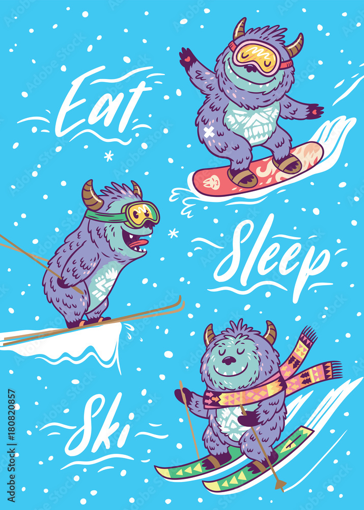 Naklejka premium Holiday card with funny skiing yettis. Vector illustration