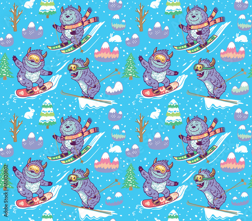 Winter skii pattern design with fun monsters. Vector illustration