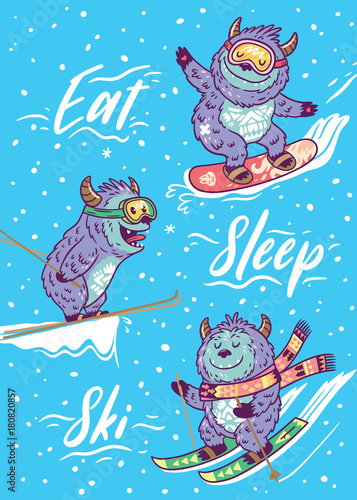Holiday card with funny skiing yettis. Vector illustration