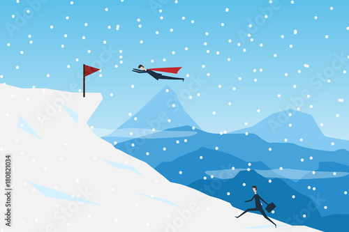 Minimalist style vector business finance concept. Businessman superhero and Businessmen  Race. running down the track as a symbol of power and success. Eps10 illustration