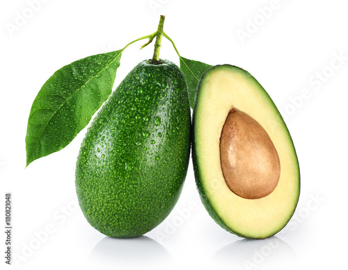 Avocado with leaf isolated on white background.