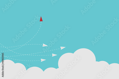 Minimalist stile red airplane changing direction and white ones. New idea, change, trend, courage, creative solution, innovation and unique way concept.