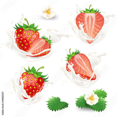 Fototapeta Naklejka Na Ścianę i Meble -  Set of vector whole and half strawberry with flowers, leaves and cream, milk or yogurt splash in a realistic style, isolated on a white background. Design element for advertising, package.