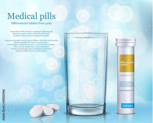 Vector illustration of soluble round tablets in a glass of water and lay side by side and a white cylindrical container covered with a lid for them. Advertising poster.