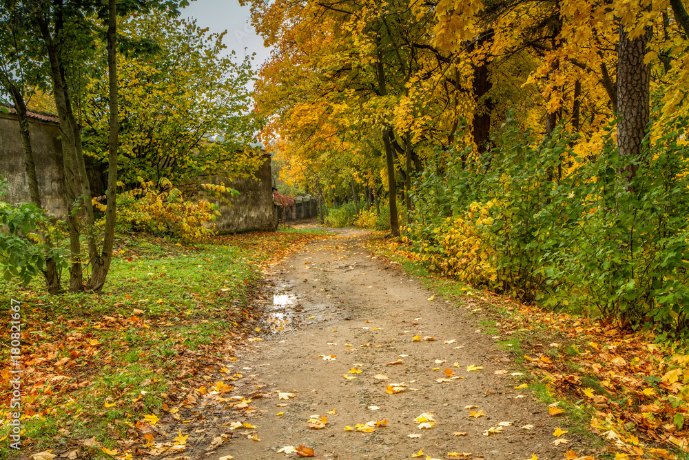 Path near the monastery fence in autumn