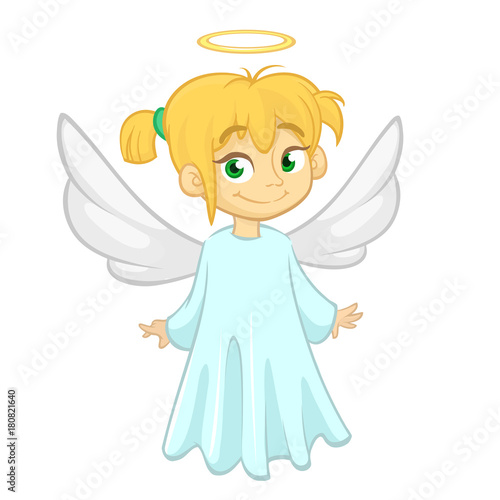 Cute happy cartoon girl angel character with white wings flying. Vector cartoon illustration isolated