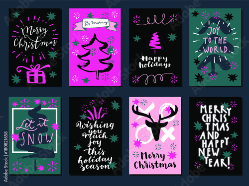 Merry Christmas and Happy New Year vintage hand drawn greeting cards. Gift tags, postcards, calligraphic artwork