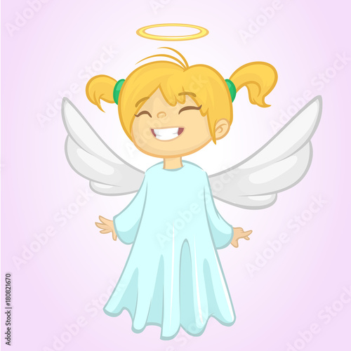 Cute happy cartoon girl angel character with white wings flying. Vector cartoon illustration isolated