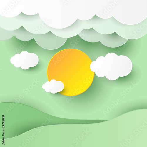 illustration of nature landscape with cloud design by paper art and craft style