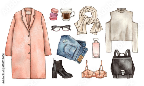 watercolor hand drawing sketch fashion outfit, a set of clothes and accessories. casual style. isolated elements