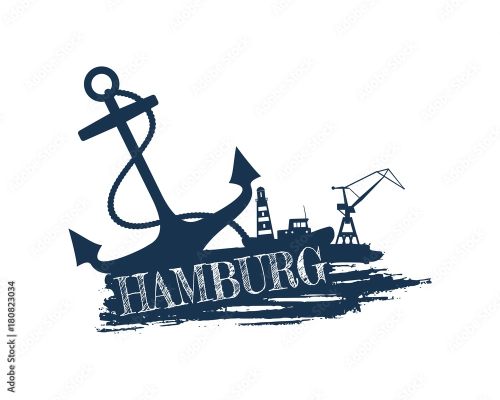 Anchor, lighthouse, ship and crane icons on brush stroke. Calligraphy  inscription. Hamburg city name text Stock-Vektorgrafik | Adobe Stock
