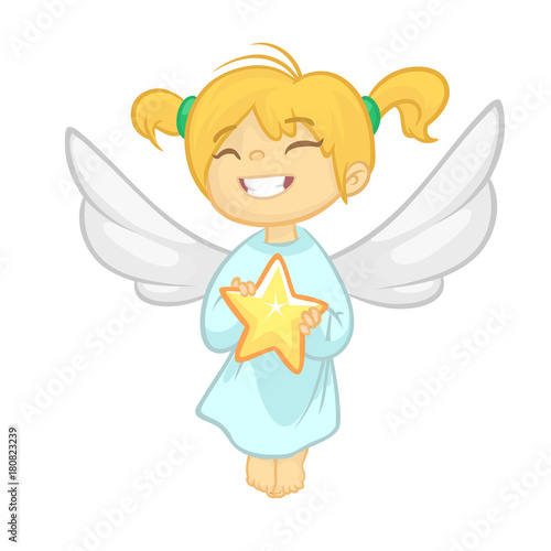 Cute happy girl angel character with white wings flying. Vector illustration isolated
