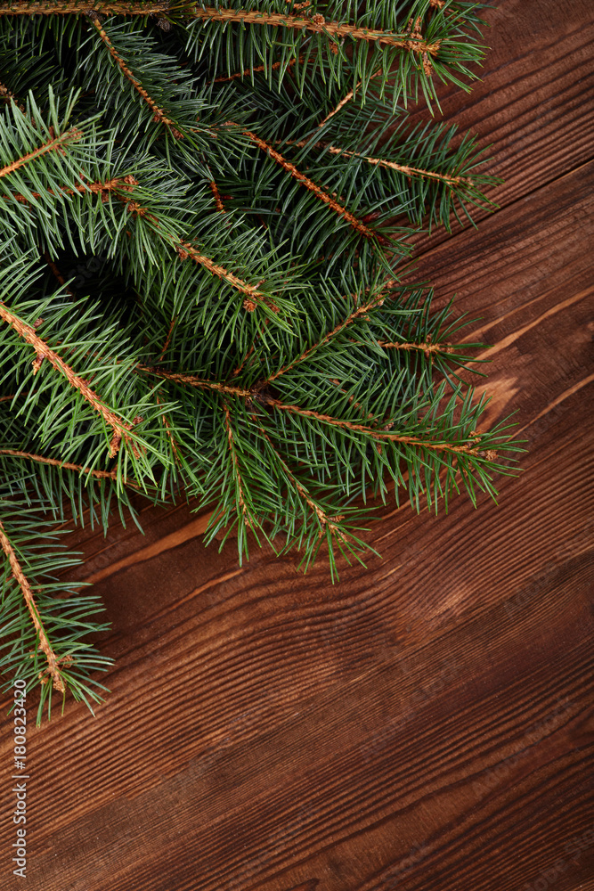 Christmas fir tree on a wooden board. Green spruce branches as a textured background. Green spruce, white spruce, blue spruce. Christmas fir tree on a wooden board. Green spruce branches as a textured background. Green spruce, white spruce, blue spruce.