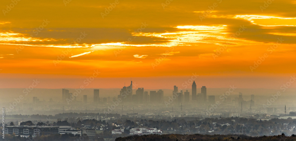 Fototapeta premium view to skyline of Frankfurt in sunrise