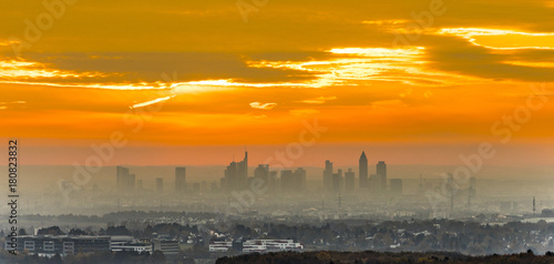  view to skyline of Frankfurt in sunrise