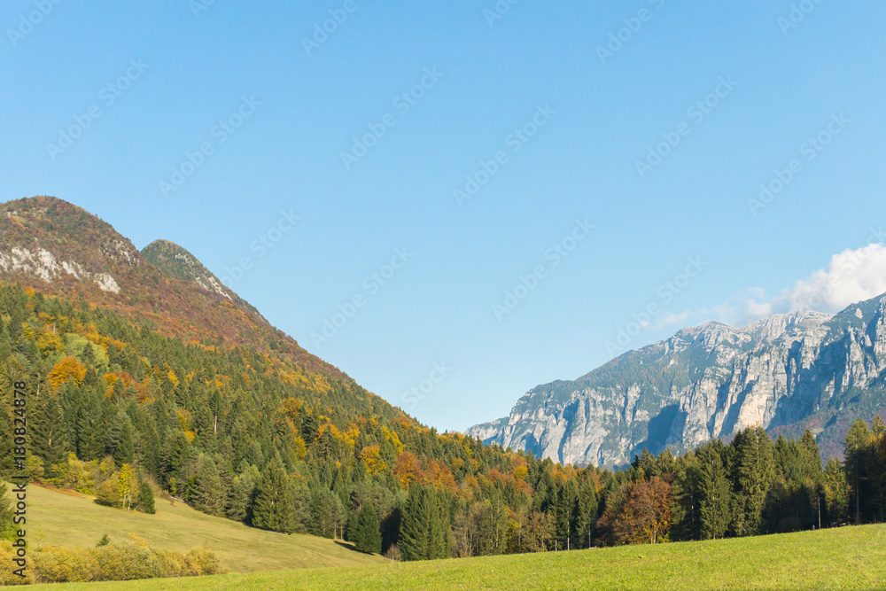 Picturesque autumnal landscape view on the mountains in Val di Sella, Borgo Valsugana, Trentino, Italy, Europe
