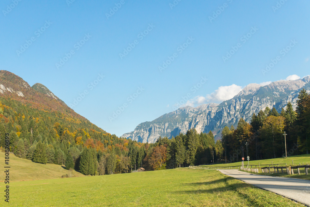 Picturesque autumnal landscape view on the mountains in Val di Sella, Borgo Valsugana, Trentino, Italy, Europe