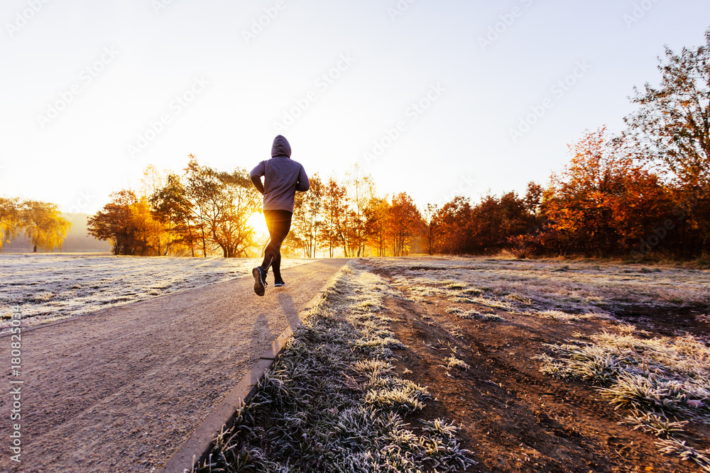 Fototapeta premium Man jogging outdoors, working out on sunny autumn morning