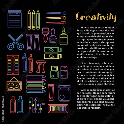 Kids creativity poster of art and drawing tools for children creative design education.