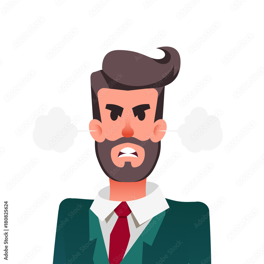 Cartoon funny angry office worker. Furious businessman with steam blowing from ears. Young man is experiencing anger