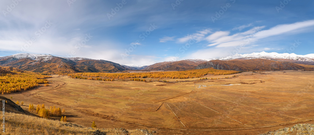 mountains steppe aerial view autumn snow clouds