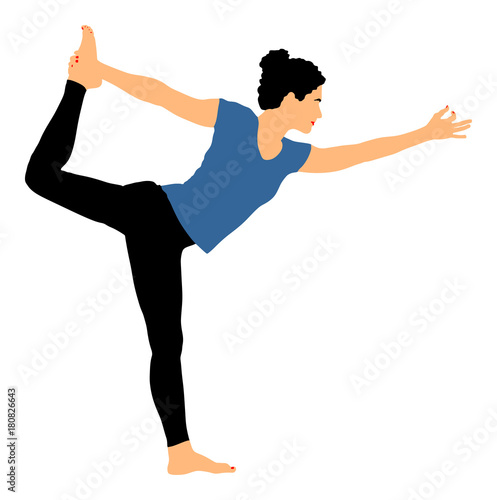 Woman exercises yoga, Yoga pose vector illustration isolated on white background. Young woman morning practice in gym. Ballet girl pose.