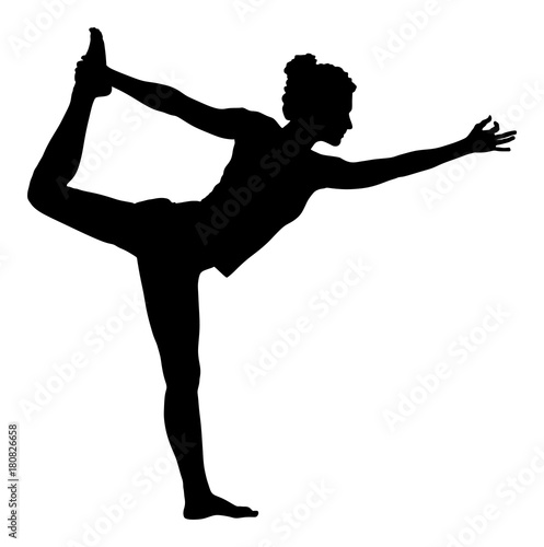 Woman exercises yoga, Yoga pose vector silhouette illustration isolated on white background. Young woman morning practice in gym. Ballet girl pose.