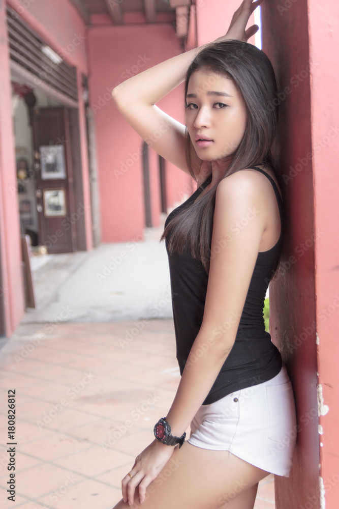 Sexy Chinese Girl Posing At Melaka World Heritage City Stock Photo