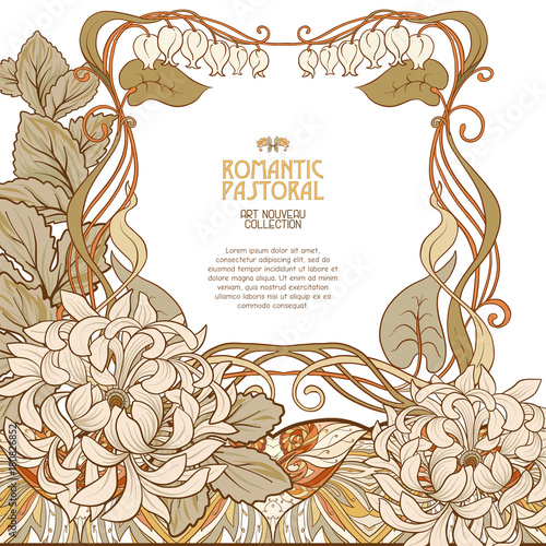 Poster, background with space for text and decorative flowers in art nouveau style, vintage, old, retro style. Stock vector illustration. photo