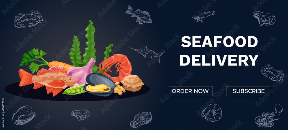 Seafood delivery banner with colorful icons of fish, mussels, salmon, shrimp, eco nutrition concept, diet menu vector illustration Seafood delivery banner with colorful icons of fish, mussels, salmon, shrimp, eco nutrition concept, diet menu vector illustration