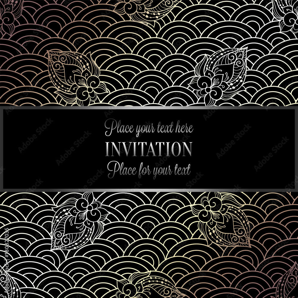 Vector abstract wavy invitation card with geometrical fish scale layout. Rich gold tracery on a dark black background. Fan shaped stylized ocean waves. Fish scales with decorative flowers