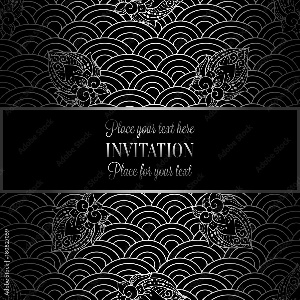 Vector abstract wavy invitation card with geometrical fish scale layout. Silver grey tracery on a dark black background. Fan shaped stylized ocean waves. Fish scales with decorative flowers Vector abstract wavy invitation card with geometrical fish scale layout. Silver grey tracery on a dark black background. Fan shaped stylized ocean waves. Fish scales with decorative flowers