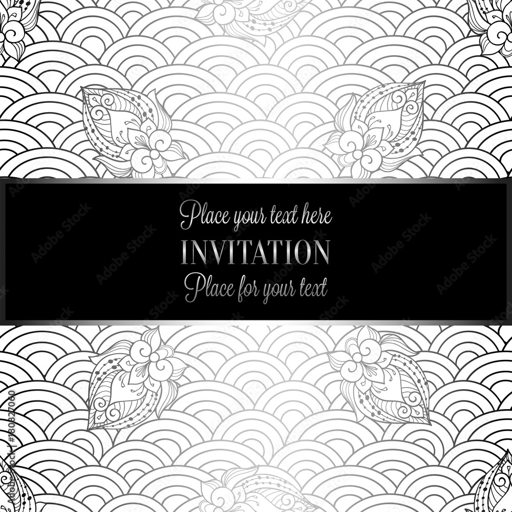 Vector abstract wavy invitation card with geometrical fish scale layout. Silver grey tracery on a white background. Fan shaped stylized ocean waves. Fish scales with decorative flowers Vector abstract wavy invitation card with geometrical fish scale layout. Silver grey tracery on a white background. Fan shaped stylized ocean waves. Fish scales with decorative flowers