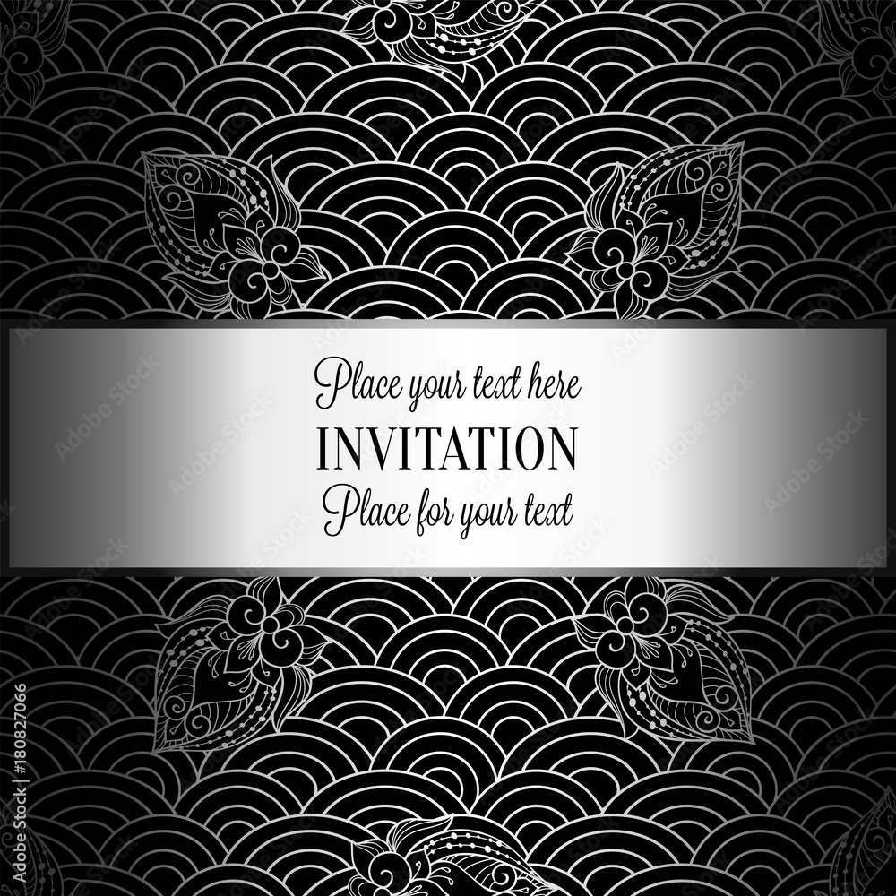 Vector abstract wavy invitation card with geometrical fish scale layout. Silver grey tracery on a dark black background. Fan shaped stylized ocean waves. Fish scales with decorative flowers
